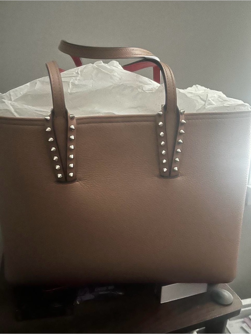 Christian Louboutin Brown Leather Stud-Trim Tote with Red Interior